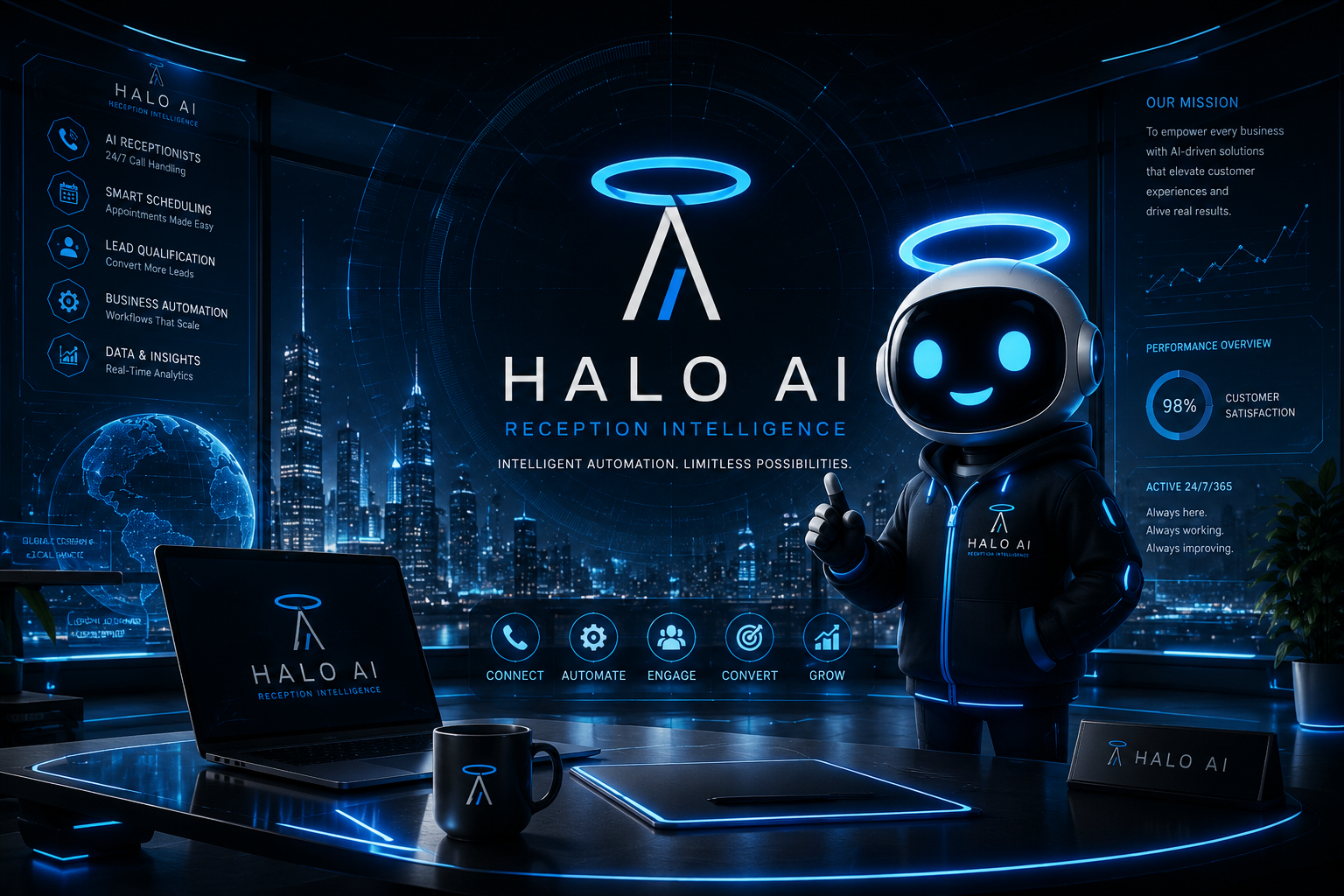 Halo AI reception intelligence command center with service controls and Halo mascot